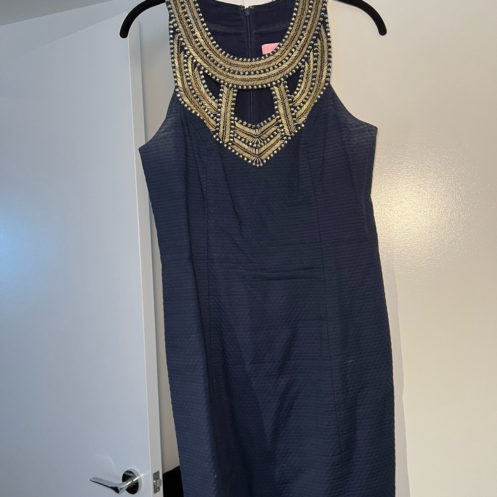 Lilly Pulitzer navy dress with gold beaded embellished neckline